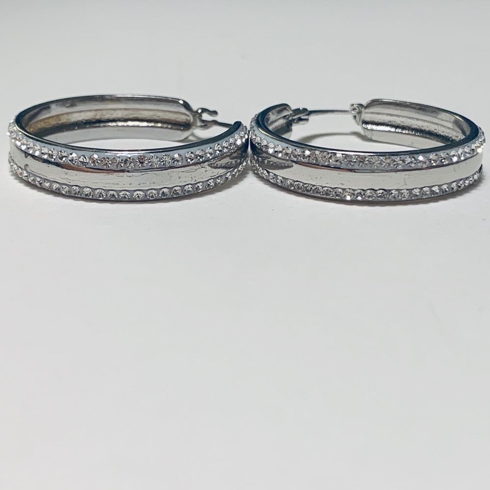 Silver Mini Hoops With Rhinestones - Picture 2 of 4